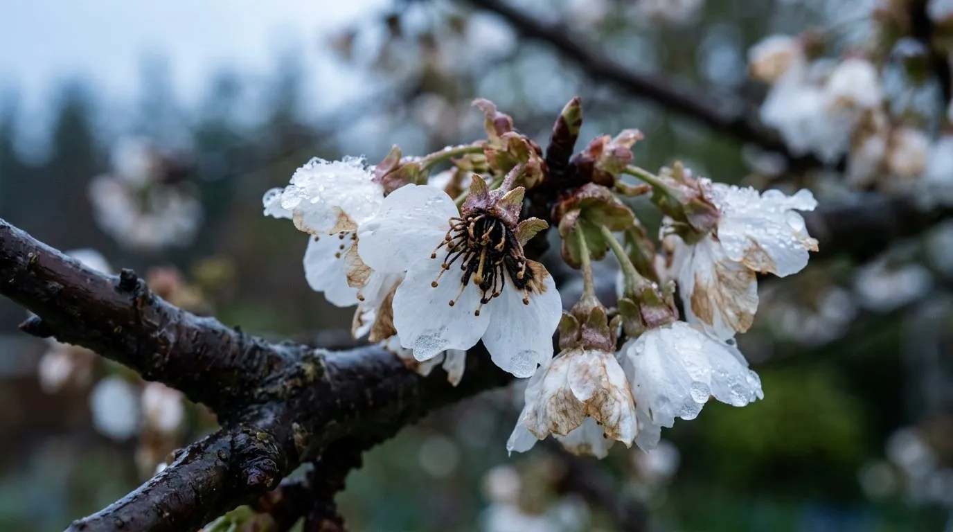Cherry blossom showing frost damage with browned and blackened flower centres after a cold April night in a UK garden