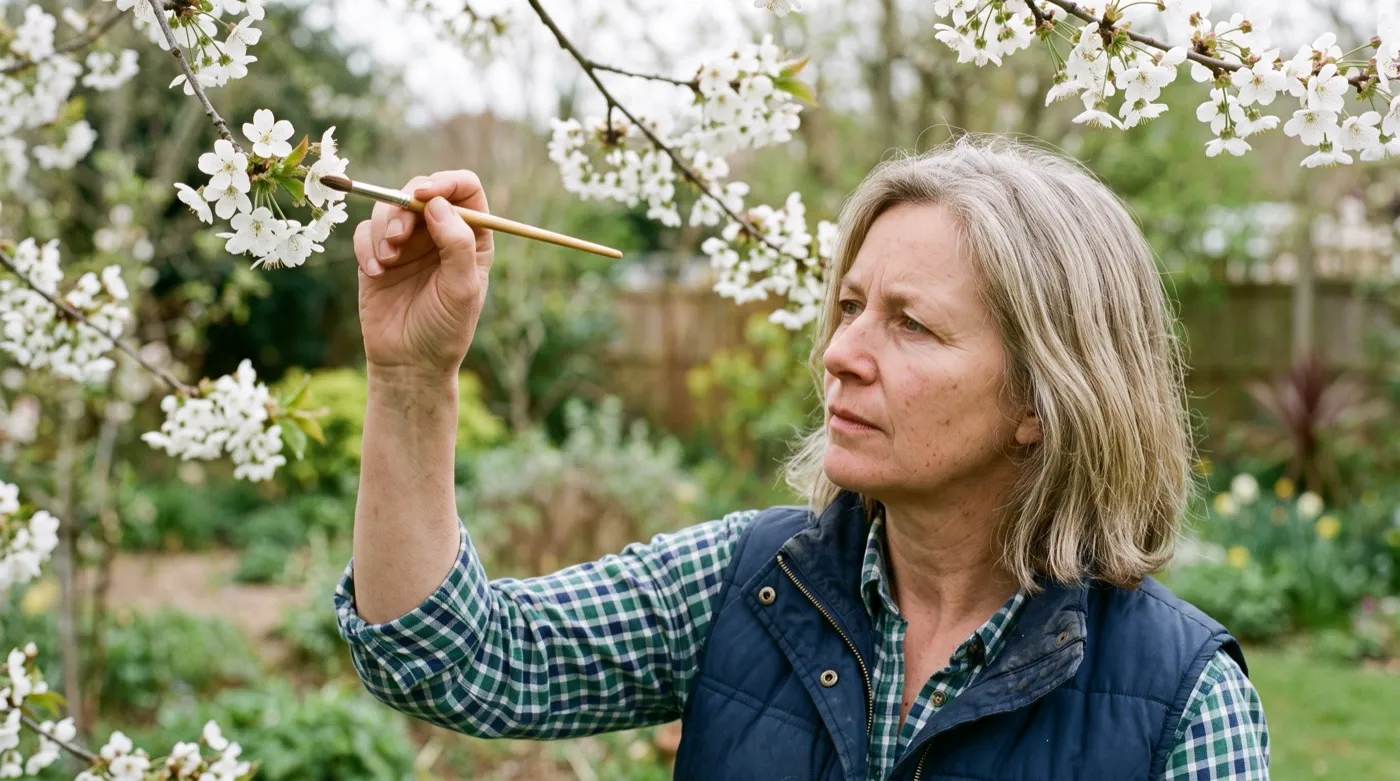 A white British woman in her fifties transferring cherry pollen between blossoms with a soft artist's brush
