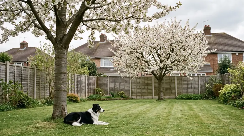 Two cherry trees in full white blossom in a UK suburban garden with a collie lying in the grass beneath