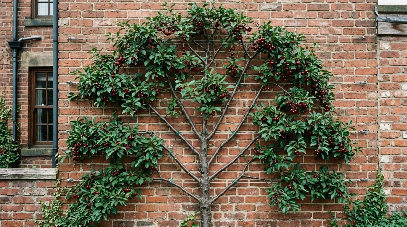 A fan-trained Morello sour cherry spread flat against a shaded north-facing brick wall in a UK garden