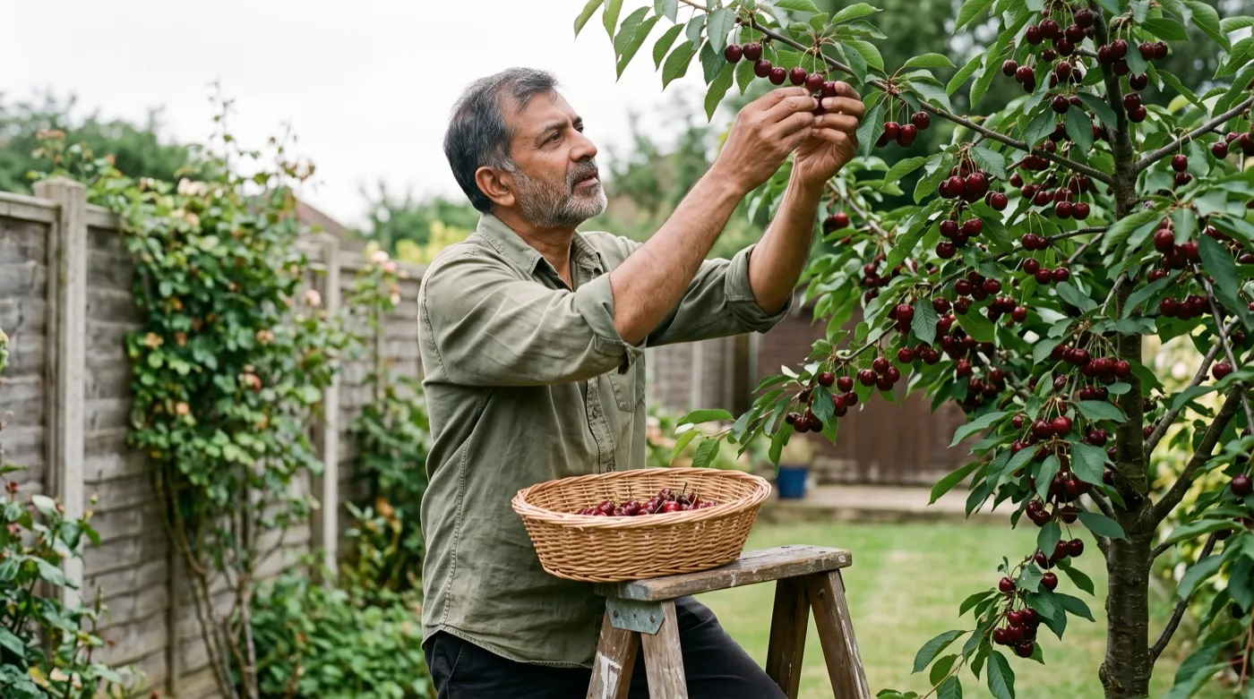 A British Indian man in his sixties picking ripe dark red cherries from a compact Stella tree using a two-step ladder