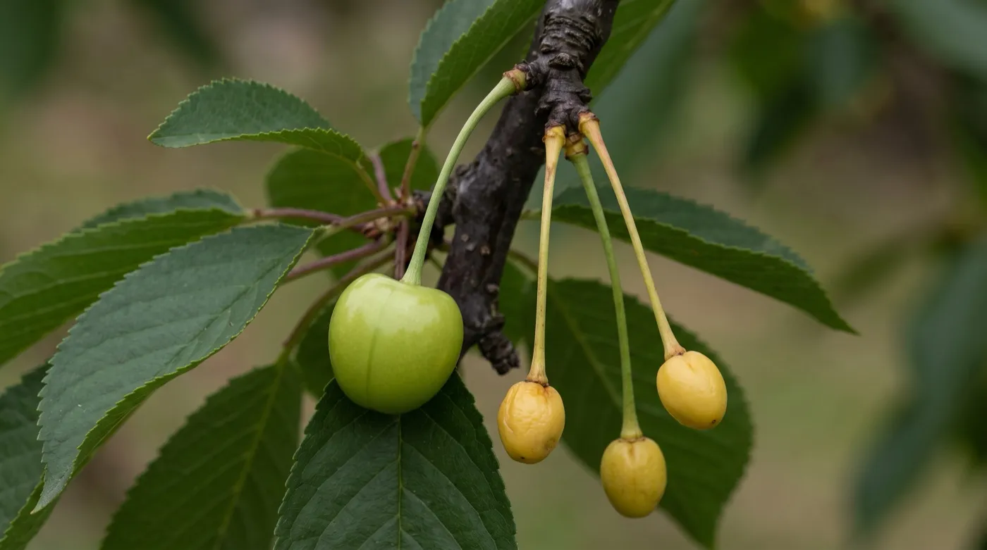 Close-up of a cherry spur with small yellowing unpollinated fruitlets dropping beside a firm green swelling cherry