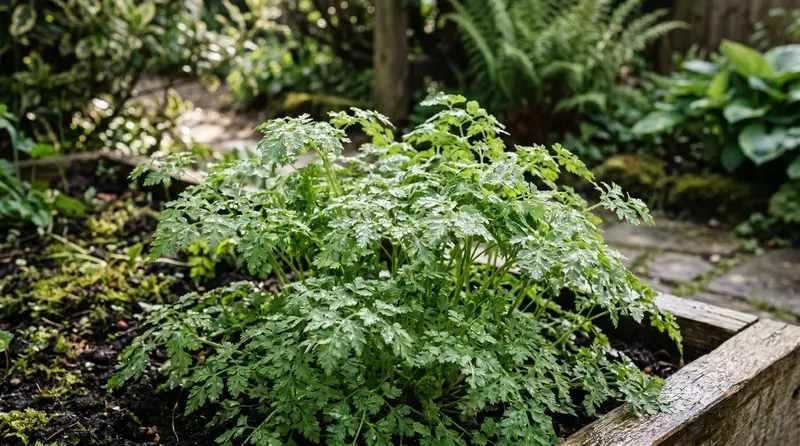 Bright green chervil plants with delicate lacy parsley-like leaves growing in a shaded UK herb bed in spring with morning