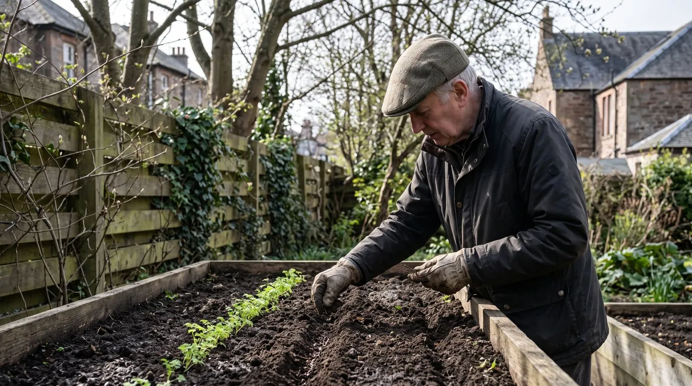 An older gardener sowing chervil seed thinly into a shallow drill in a lightly shaded raised bed