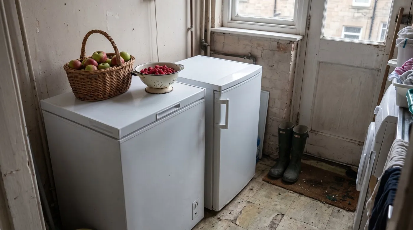 Chest freezer next to a small upright freezer in a utility room, with apples and raspberries on top