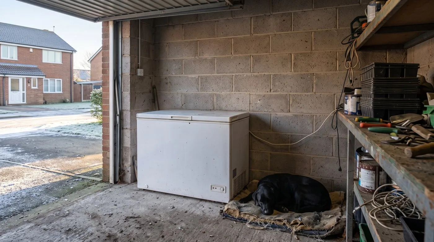 Chest freezer in an unheated garage in winter with a frosty driveway outside and a dog nearby