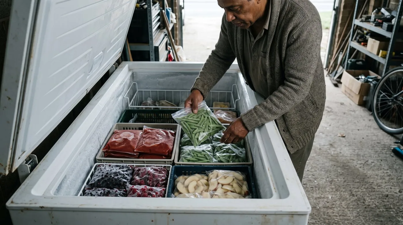 Gardener packing bags of runner beans, passata and fruit into crates inside a chest freezer
