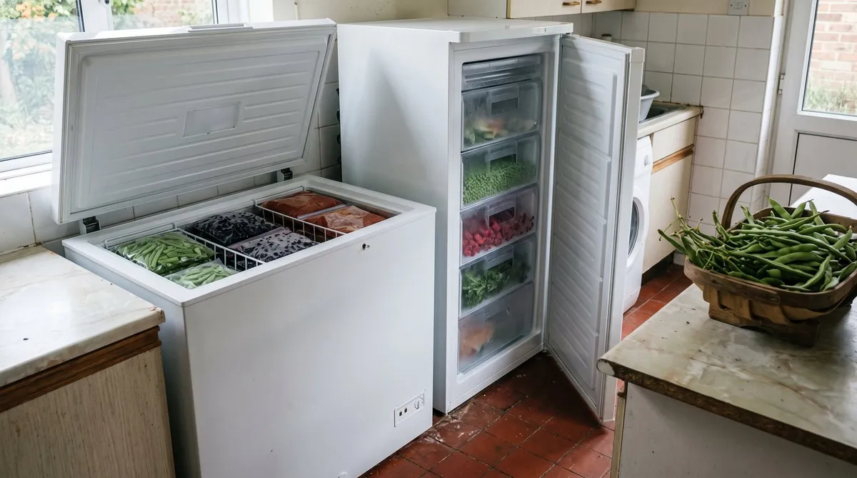 Chest freezer and upright freezer side by side in a utility room, both filled with bags of home-grown produce