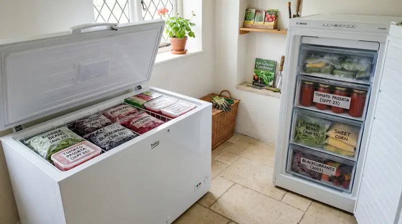 UK utility room with a 240-litre chest freezer next to a 200-litre upright freezer