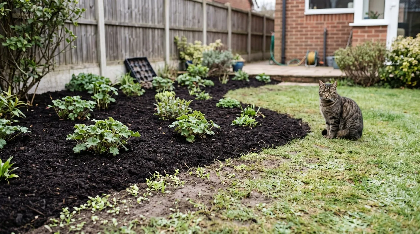 Border mulched with dark compost between perennials, with chickweed seedlings only on the bare strip at the edge