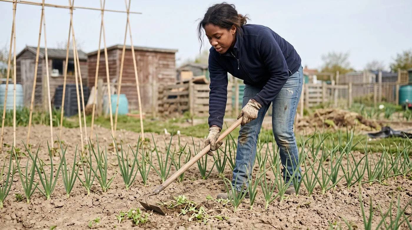 Gardener using a Dutch hoe to cut small chickweed seedlings between rows of onions on an allotment