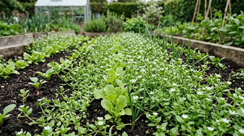 A UK vegetable bed with chickweed (Stellaria media) growing densely between rows of seedlings