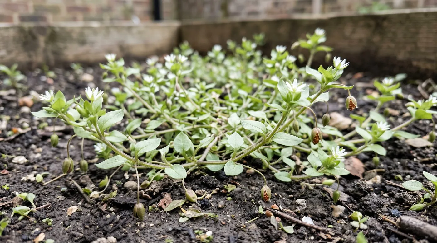 Chickweed plant with white star flowers and small drooping oval seed capsules on bare soil