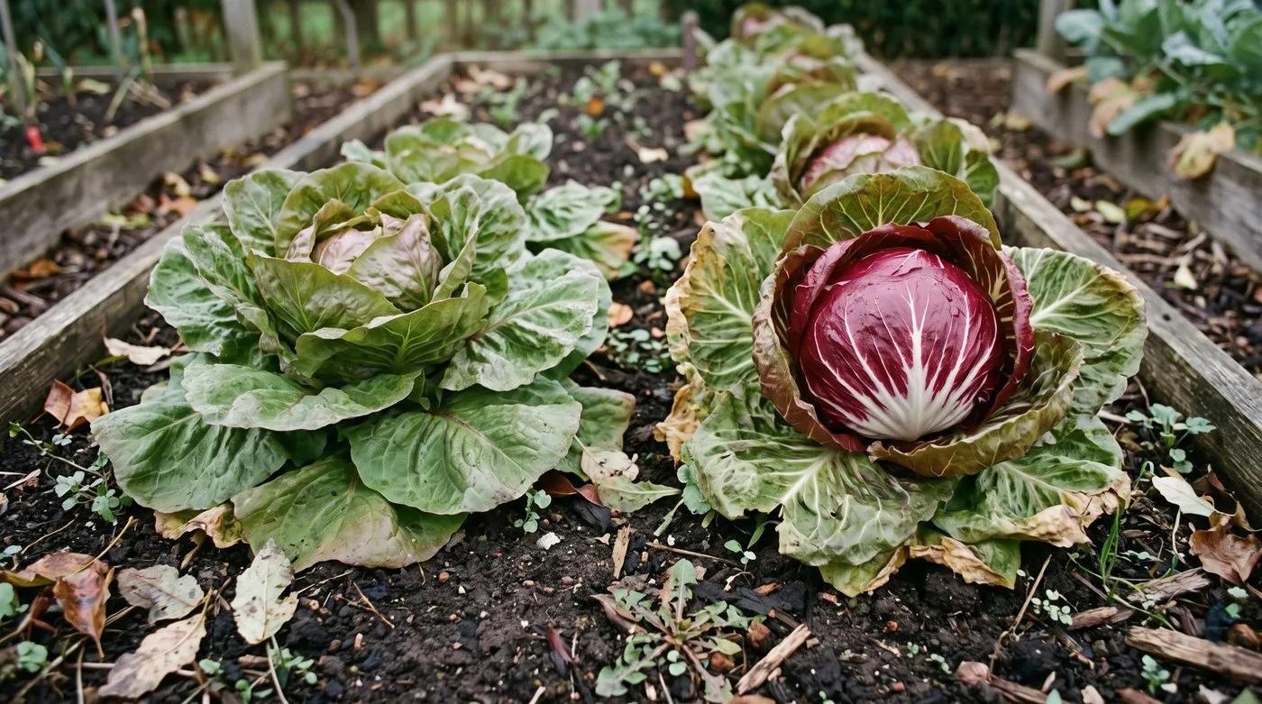 Loose green radicchio plant beside one with a tight round red and white heart in an autumn bed