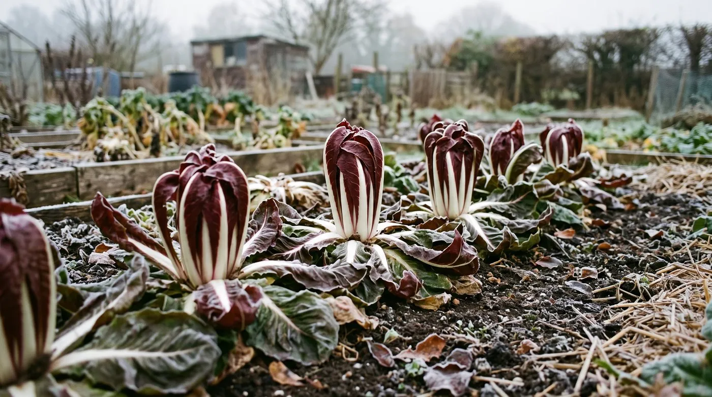 Radicchio di Treviso plants with long pointed burgundy leaves and white ribs in a frosty autumn bed