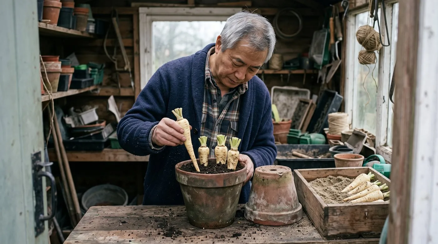 Man standing trimmed chicory roots upright in a deep pot of compost in a shed, ready for forcing