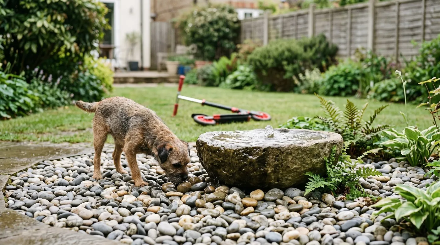 Child-safe pebble water feature with no open water and a hidden reservoir in a UK family garden