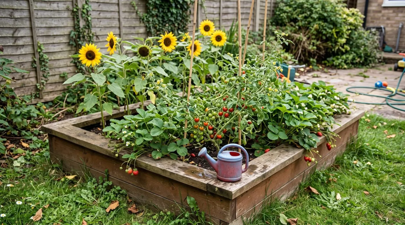 Children's garden raised bed with sunflowers, strawberries, and cherry tomatoes at child height