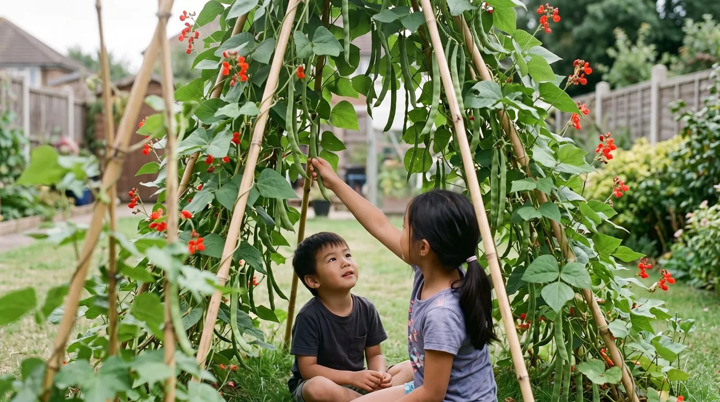 Two children sitting inside a leafy runner bean wigwam den with scarlet flowers and hanging beans