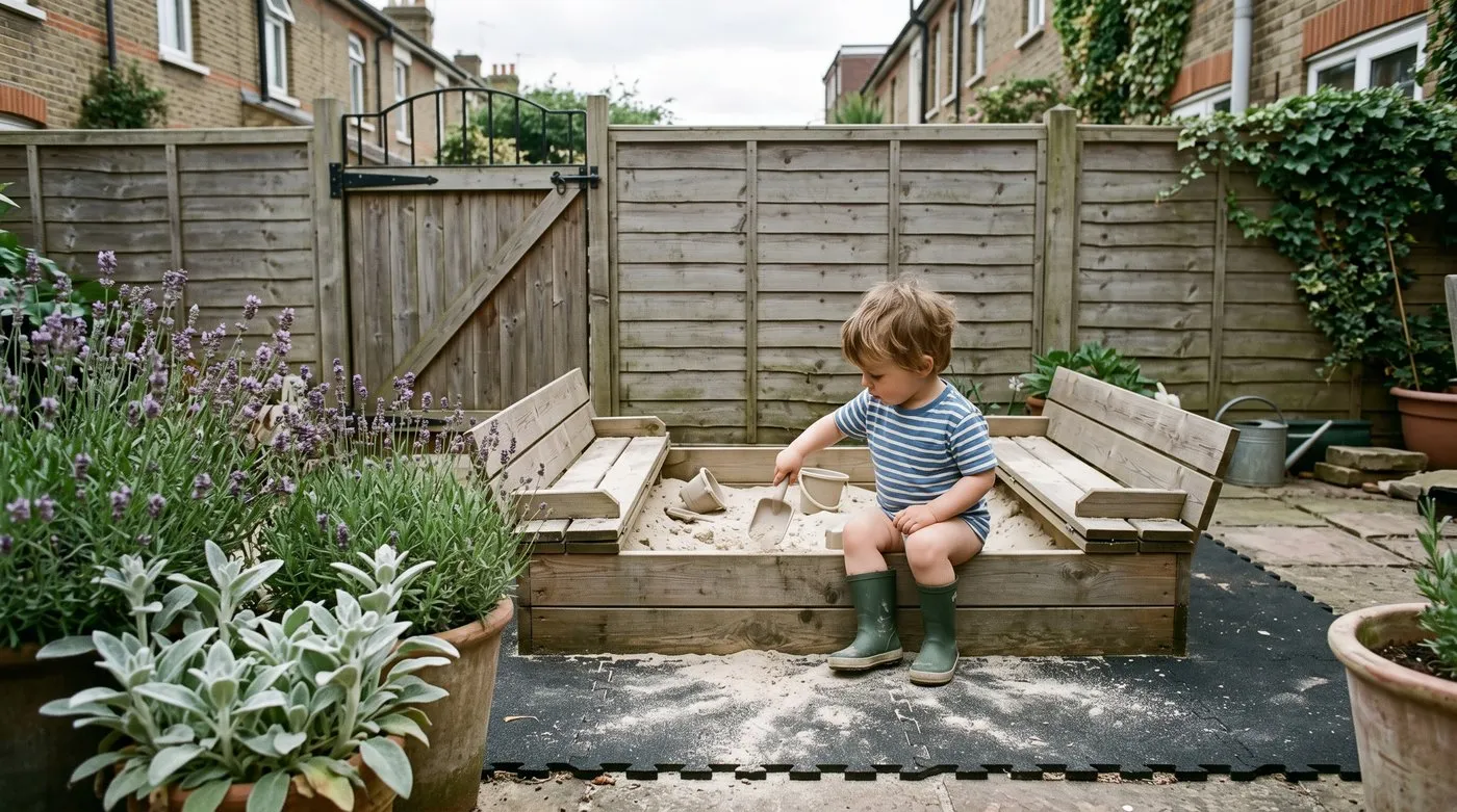 Toddler playing in a lidded timber sandpit on soft matting beside lavender in a UK family garden