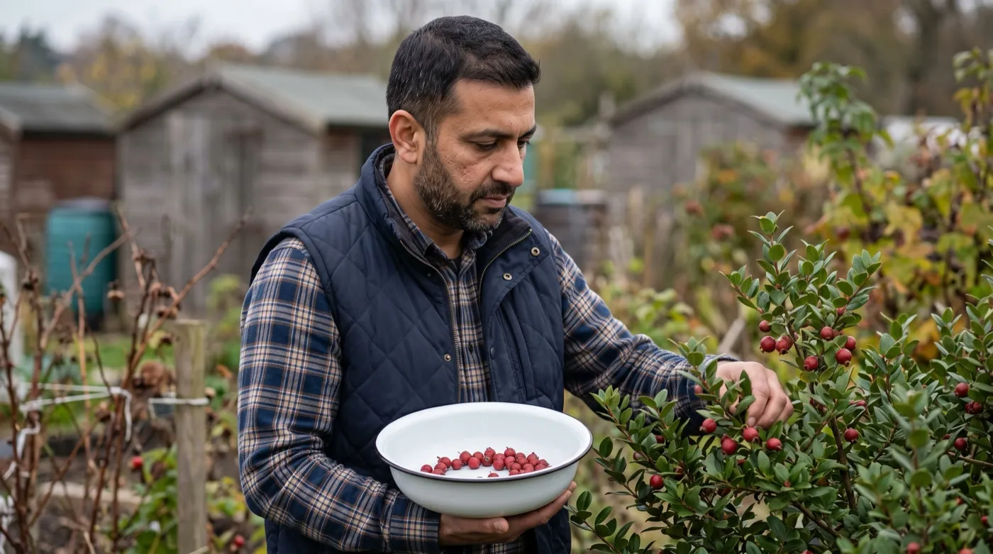 Gardener picking ripe Chilean guava berries into an enamel bowl on a UK allotment in November