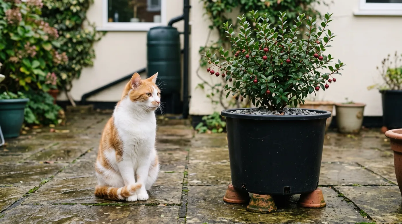 Cat sitting beside a Chilean guava growing in a 40 litre container of ericaceous compost on pot feet