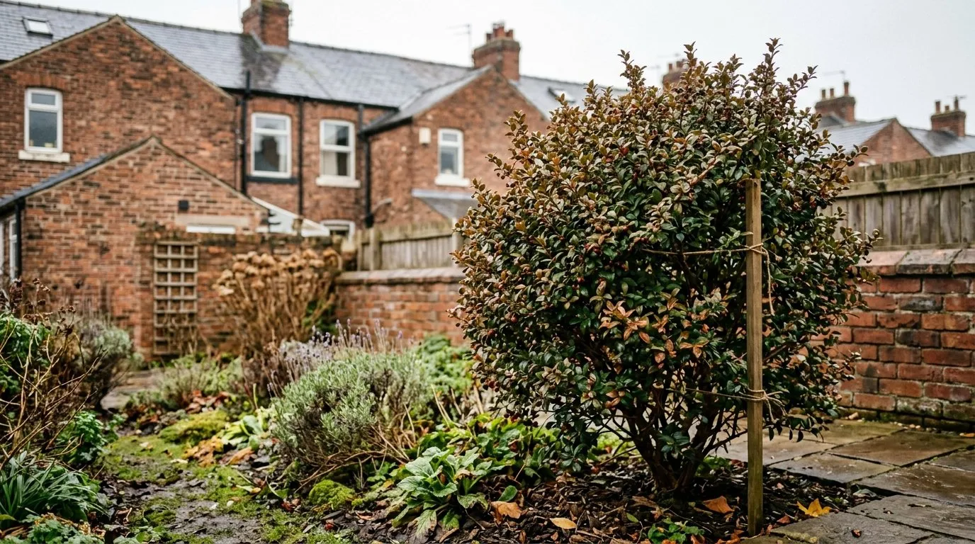 Evergreen Chilean guava shrub growing in the back garden of a red-brick Victorian terraced house