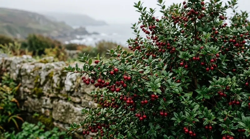 Chilean guava shrub covered in ripe deep-red berries in a sheltered Cornish coastal garden