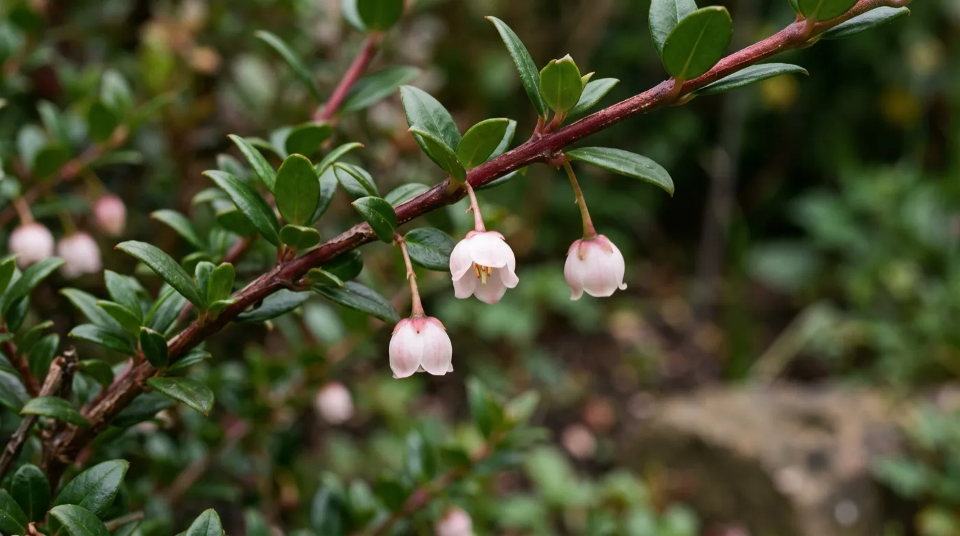 Small pink and white bell-shaped Chilean guava flowers hanging beneath the shoots in May