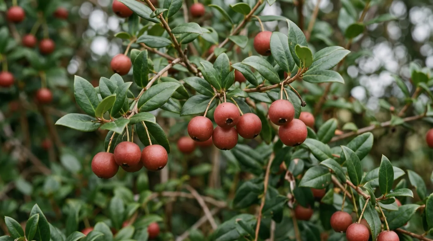 Ripe deep-red Chilean guava berries on the branch beside unripe green berries on the same stem