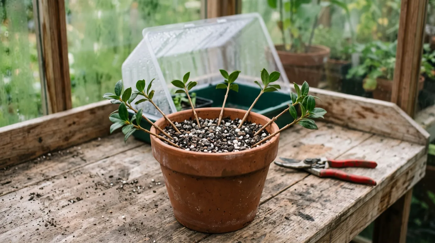 Semi-ripe Chilean guava cuttings inserted around a pot of gritty compost in a heated propagator