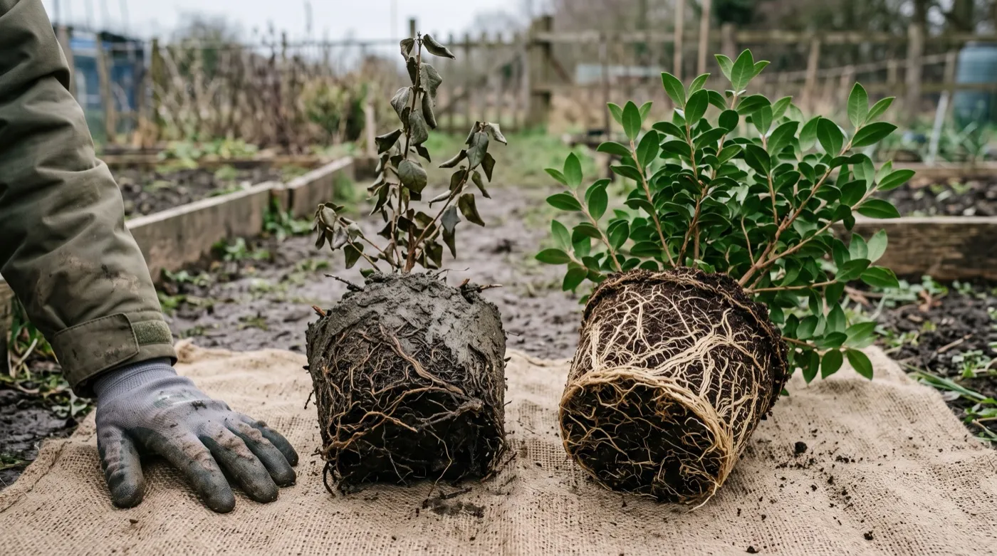 Rotted Chilean guava roots caked in wet clay beside a healthy plant with white fibrous roots in compost