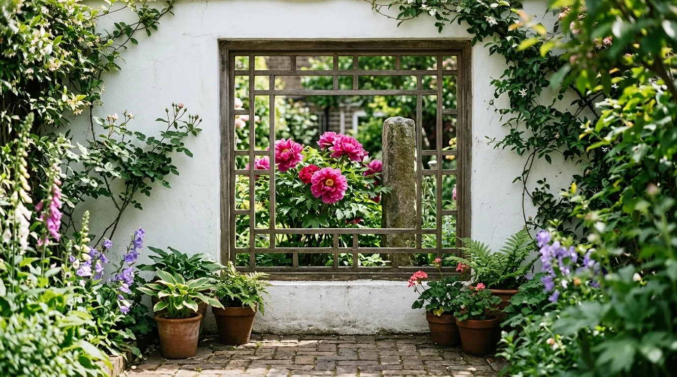 Leak window in a white wall showing Chinese garden design framing in a UK courtyard