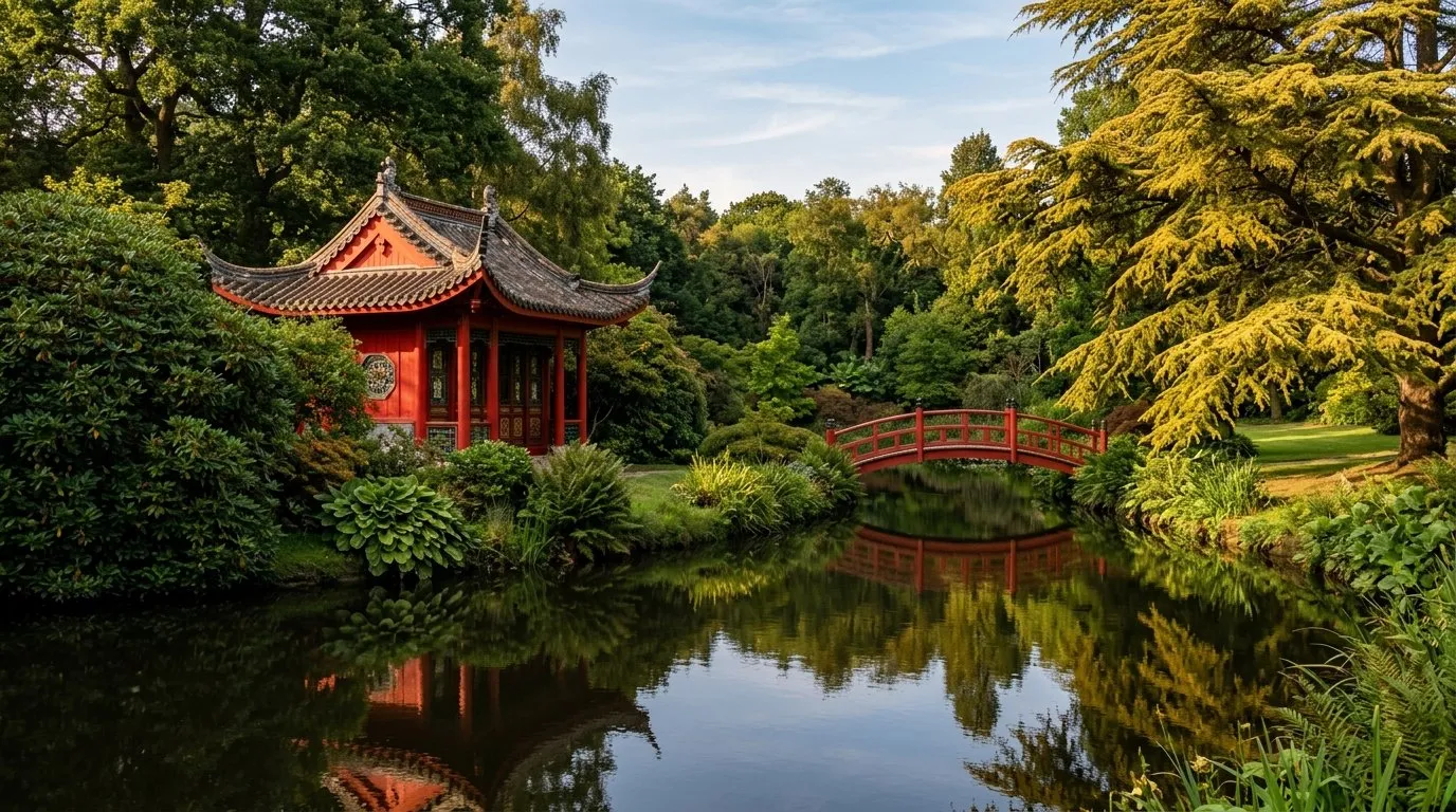 Painted pagoda and red bridge beside a lake showing Chinese garden design in a UK parkland