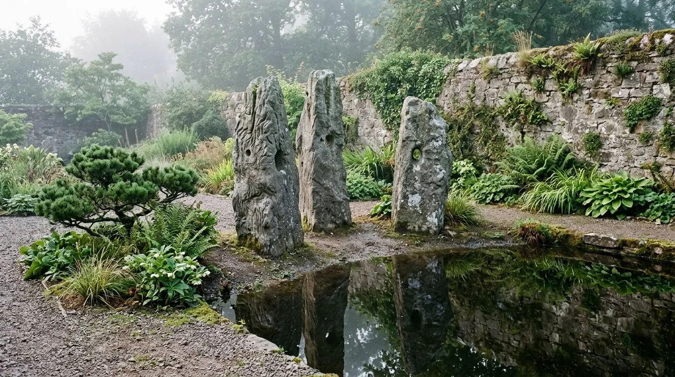 Upright stones beside dark reflective water showing Chinese garden design rock placement