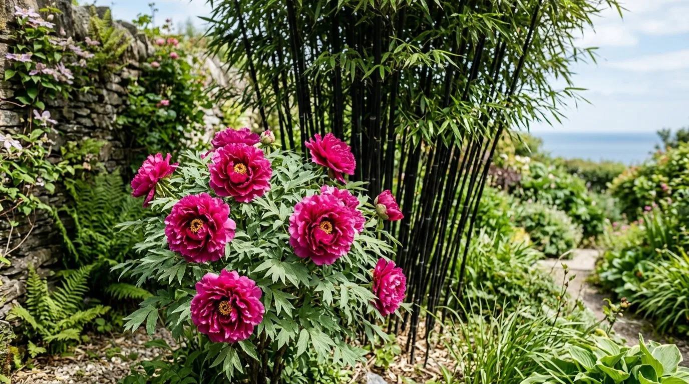 Tree peony flowering against black bamboo in a UK chinese garden design border
