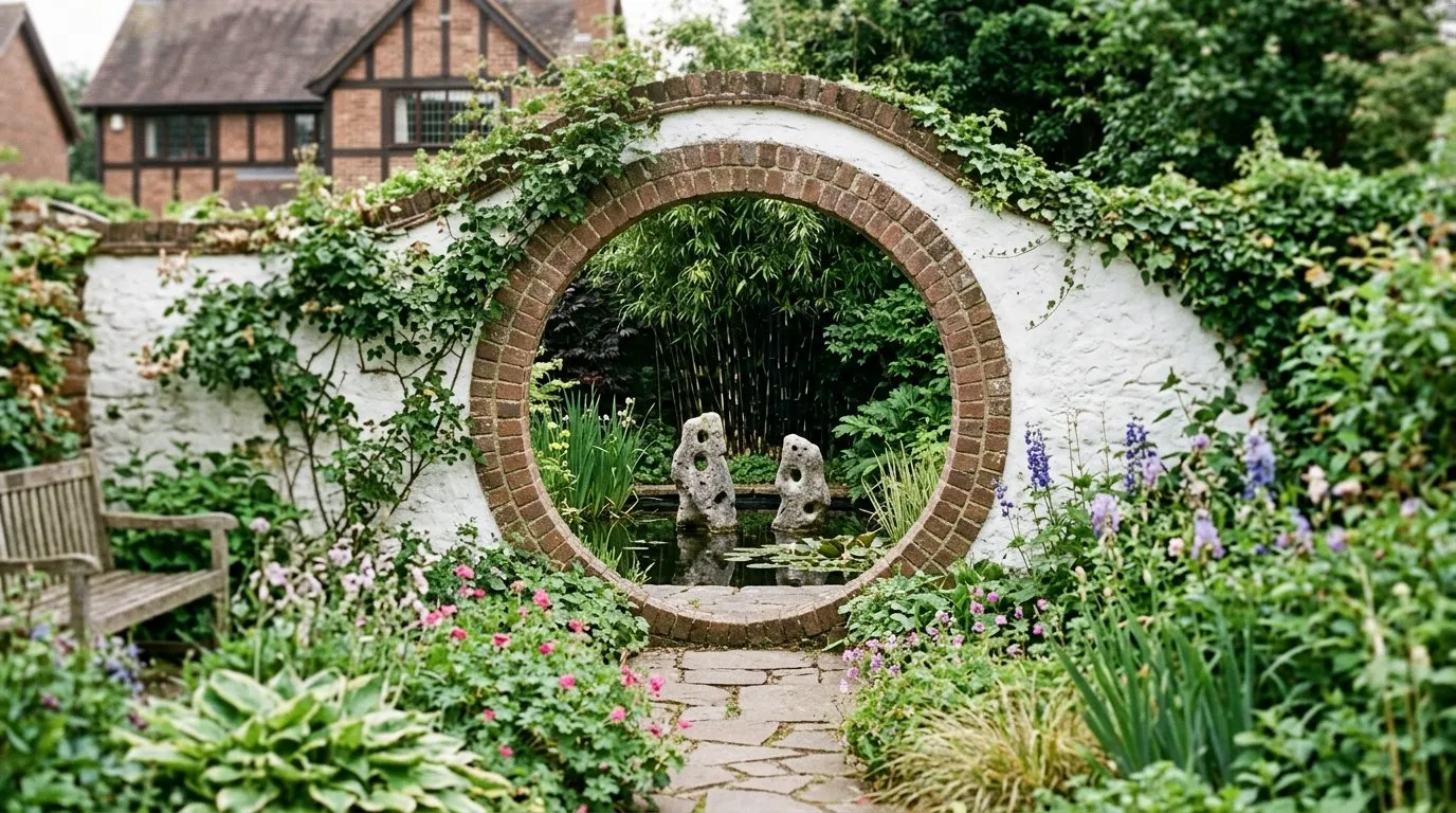 Moon gate framing rocks and still water in a UK Chinese garden design scheme