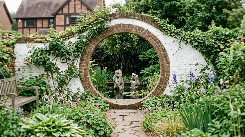 Moon gate framing rocks and still water in a UK Chinese garden design scheme