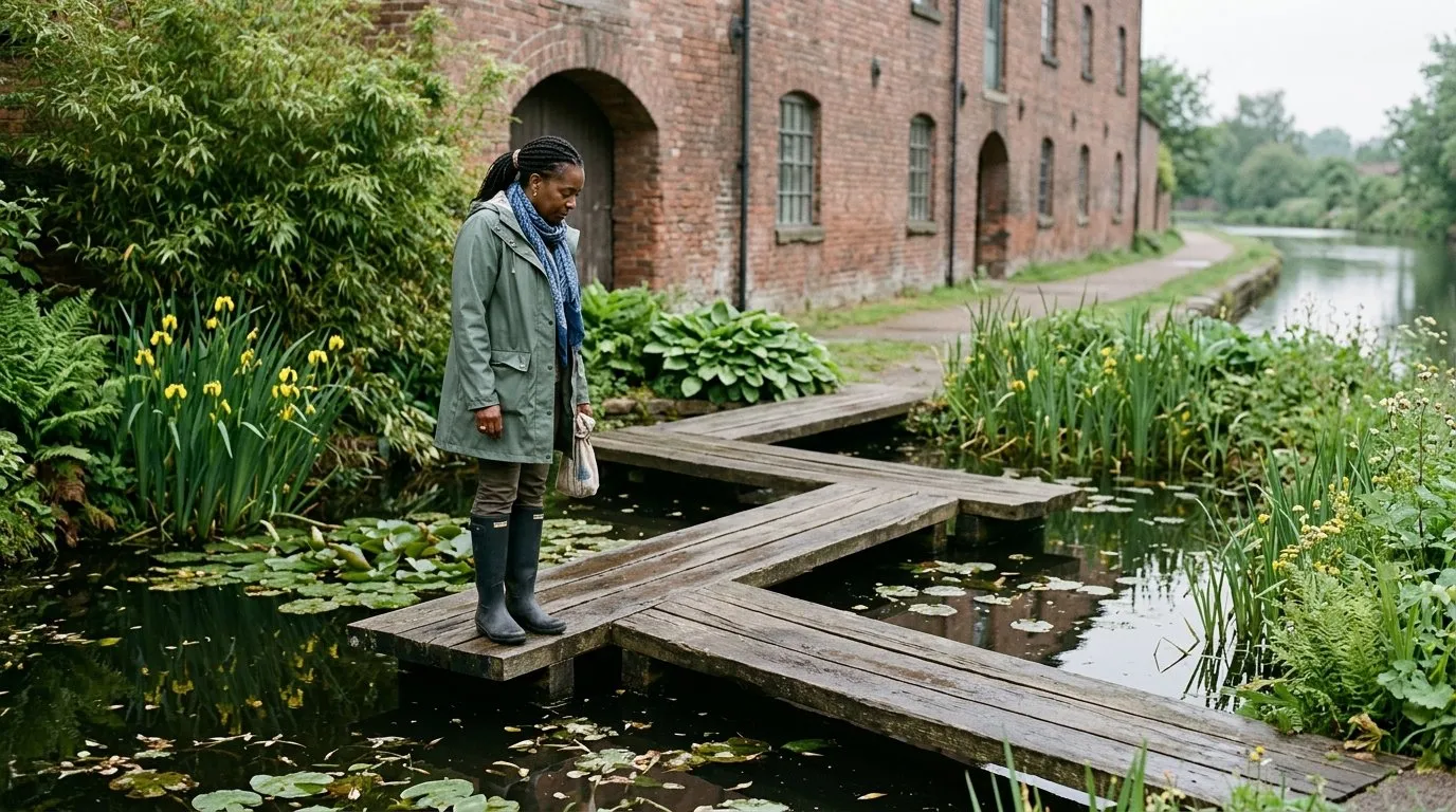 Low zig-zag bridge crossing a pond corner in UK Chinese garden design style
