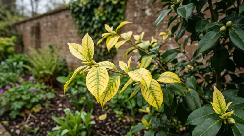 Yellowing camellia leaves showing interveinal chlorosis with green veins in a UK garden border