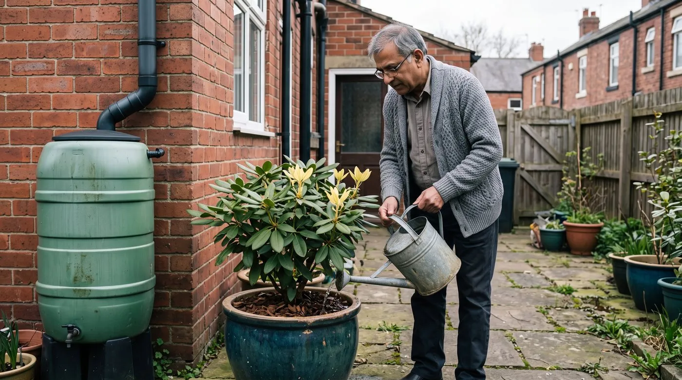 Gardener watering a potted rhododendron with rainwater from a water butt on a terraced house patio