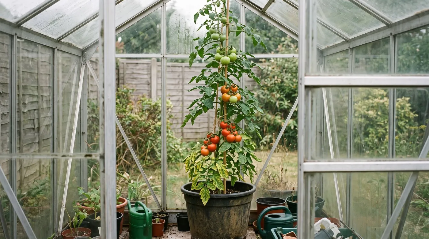Tomato plant in a greenhouse with yellow between green veins on the lower leaves and healthy upper leaves