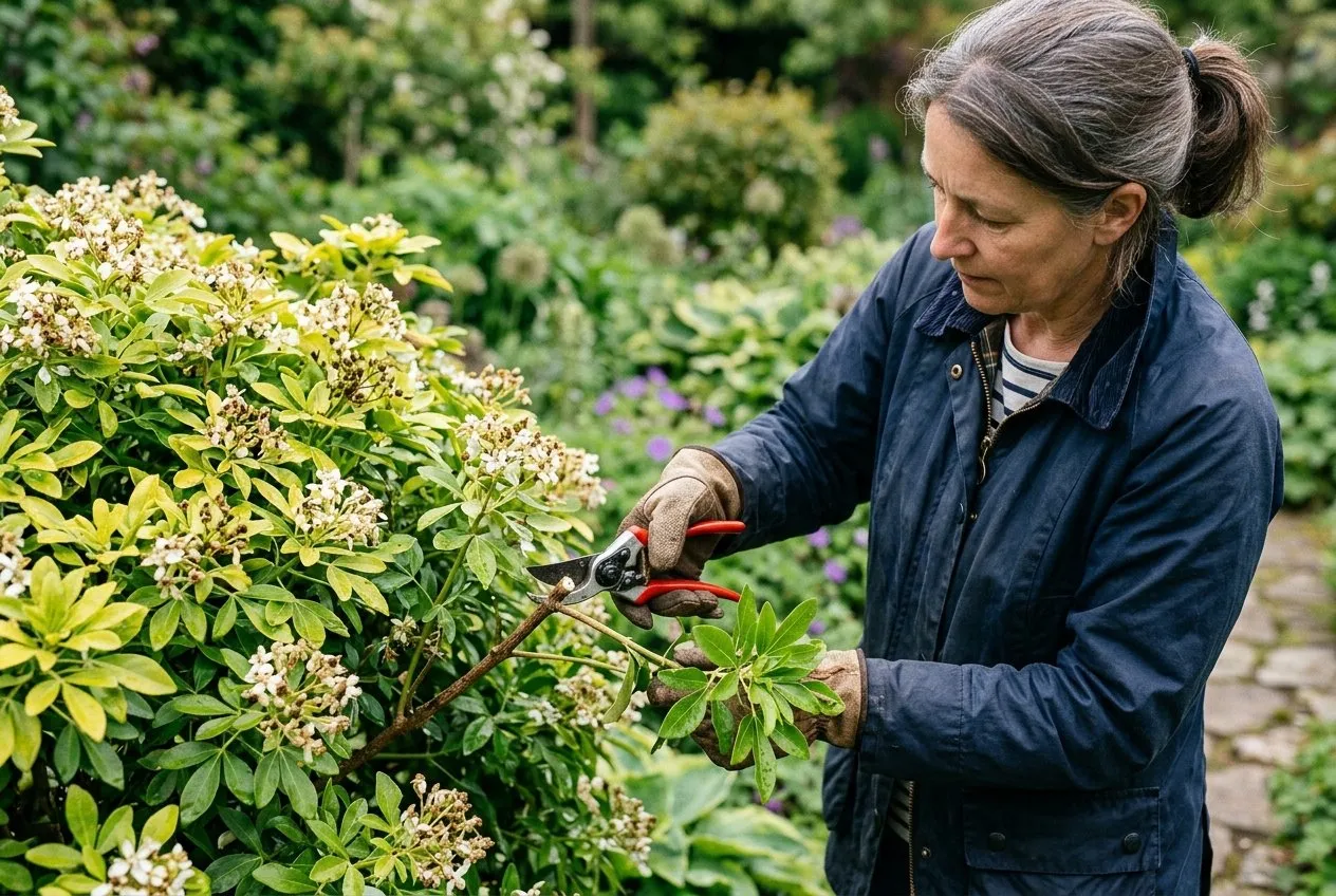 Gardener pruning a mature choisya shrub with secateurs after spring flowering in a UK garden