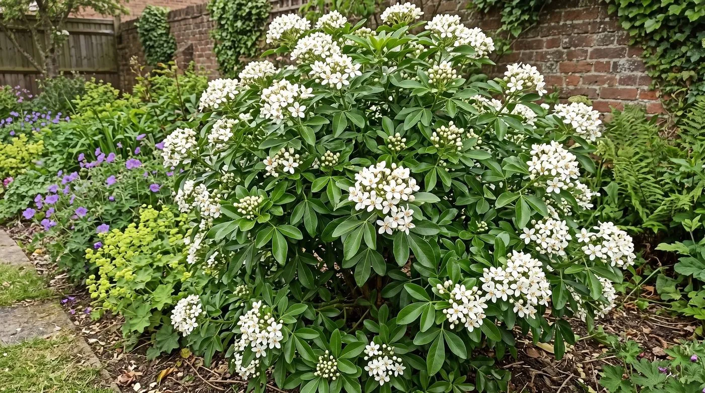 Choisya ternata in full flower with white star-shaped blooms and glossy green foliage in a UK cottage garden