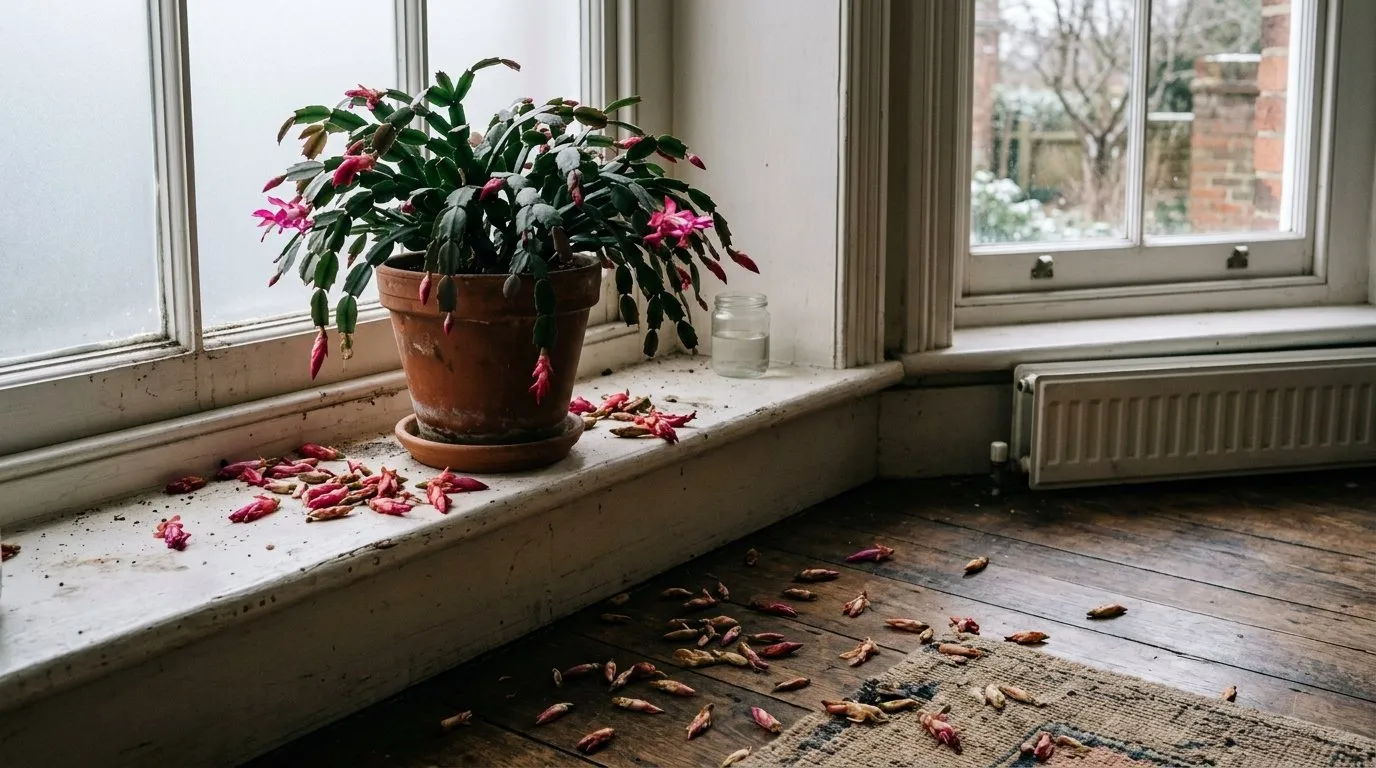 Christmas cactus with several dropped buds fallen onto a windowsill and floor below