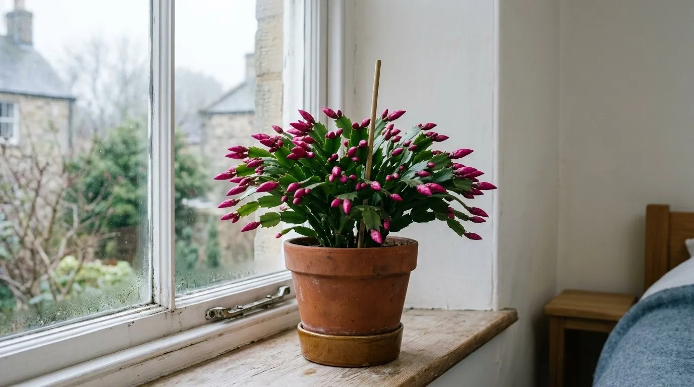 Christmas cactus covered in tight pink buds on a cool unheated bedroom windowsill