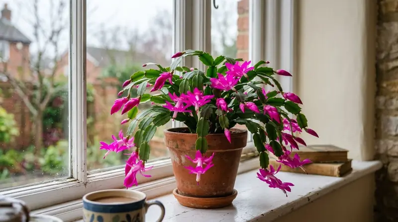 Magenta Christmas cactus in full flower on a bright windowsill in a UK home