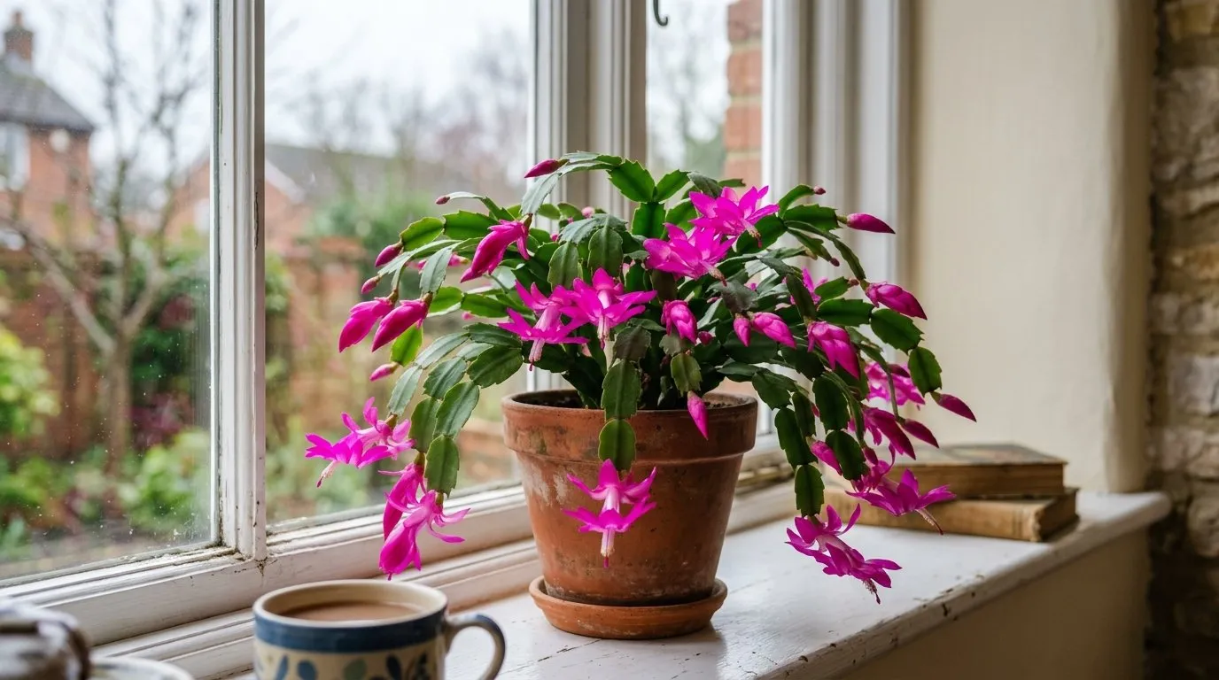 Magenta Christmas cactus in full flower on a bright windowsill in a UK home