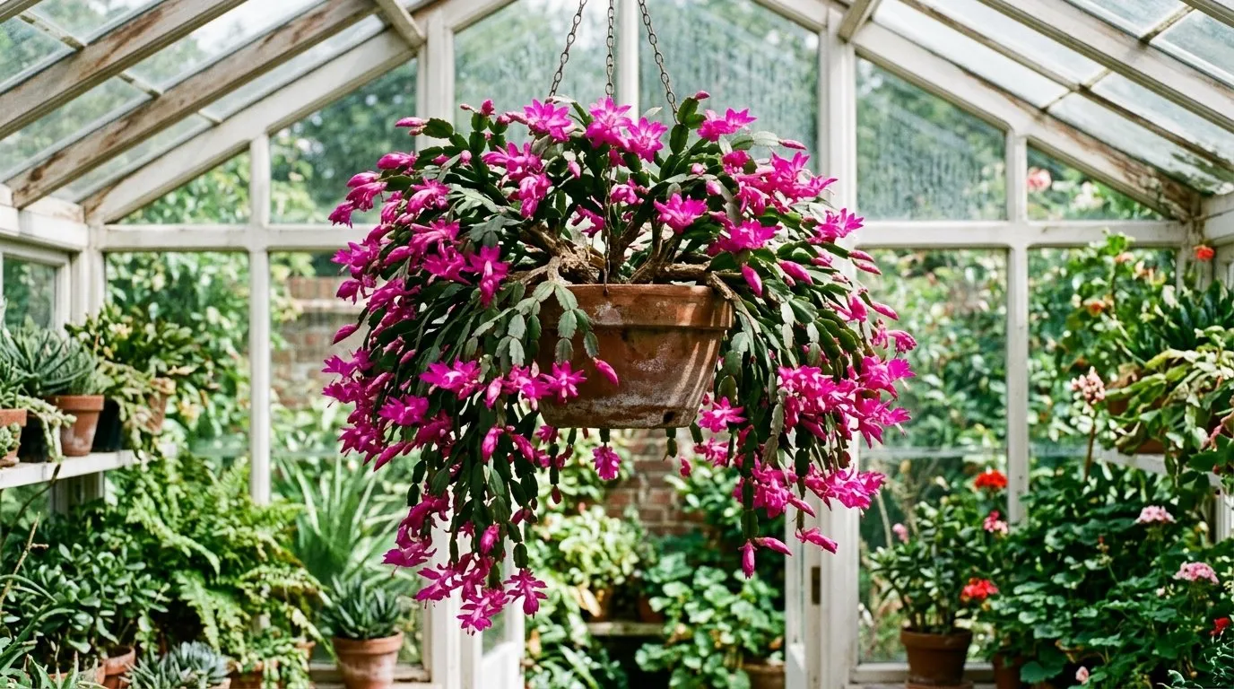 Mature cascading Christmas cactus in a hanging pot flowering in a UK conservatory