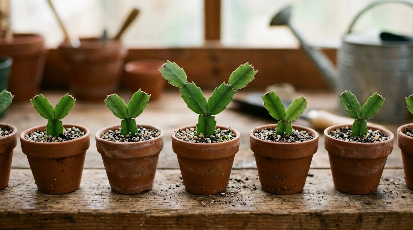 Y-shaped Christmas cactus cuttings of stem segments inserted into small pots of gritty compost